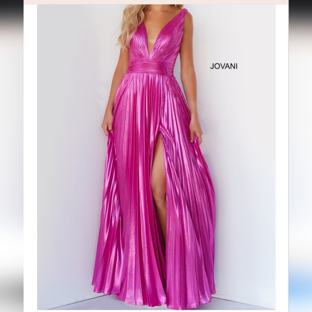 Jovani 06220 Sleeveless Pleated Metallic High Slit Long Gown
